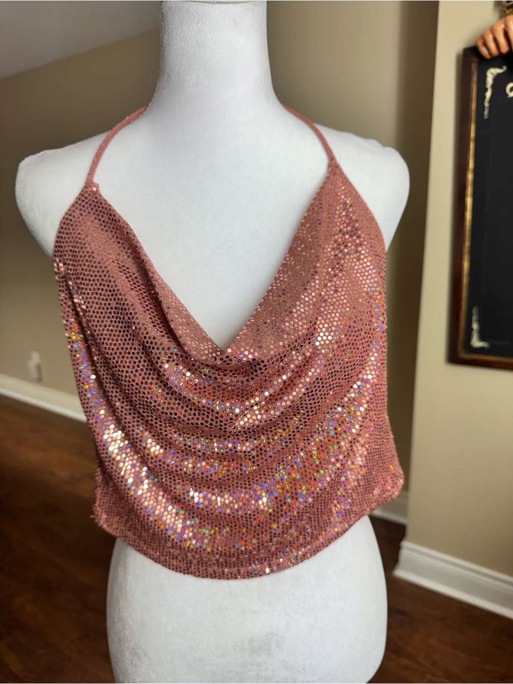 Kyrra Y2K pink sequin cowl neck halter top